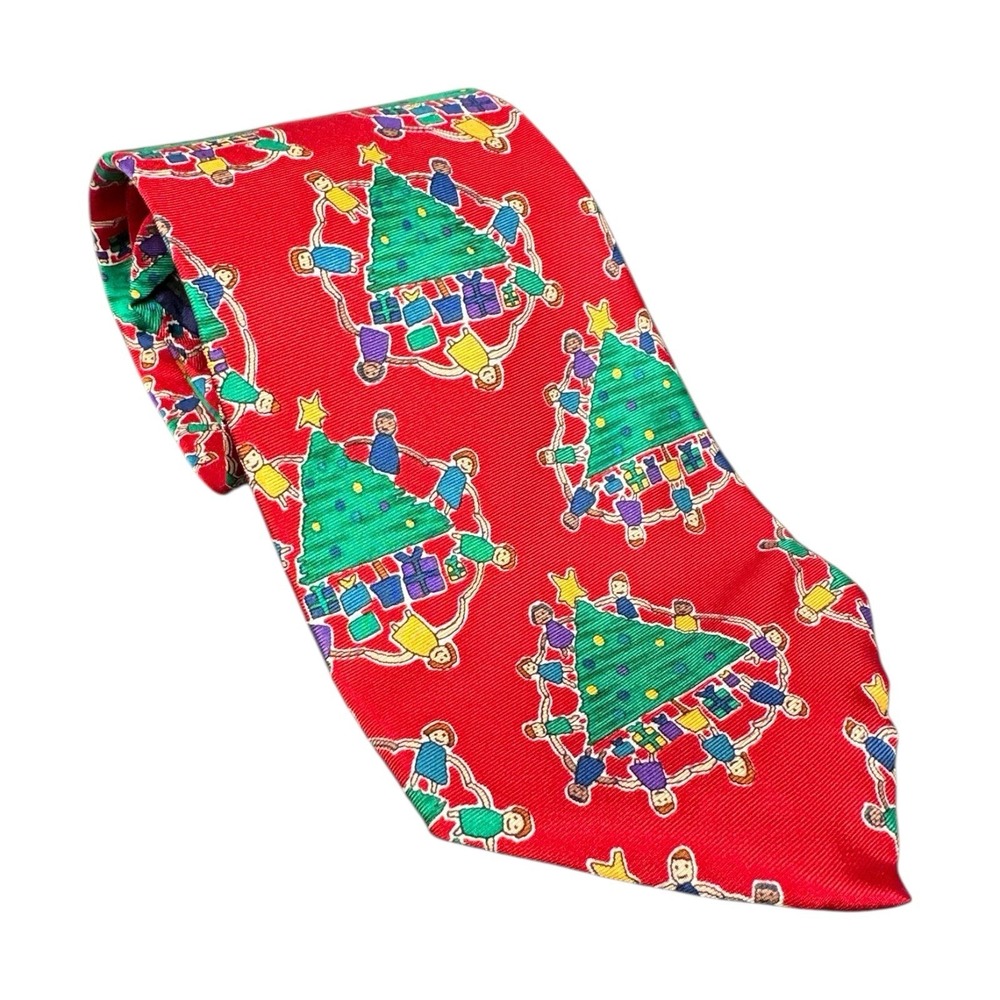 Save The Children Vintage Men's Tie Red Christmas Tree 58" Long 4" Wide Silk